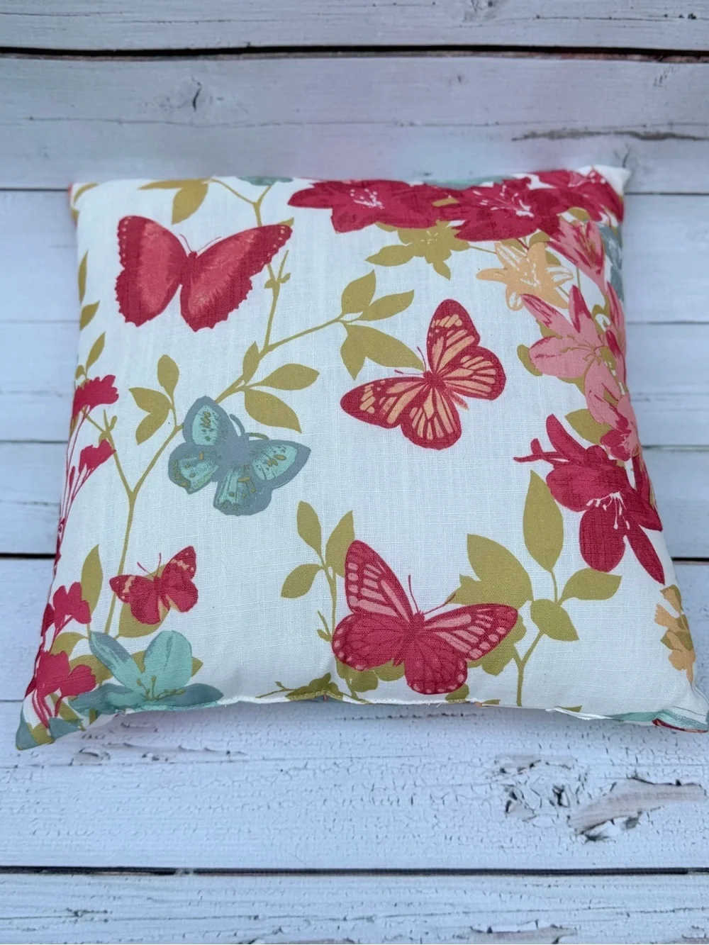 Butterfly Floral Accent Pillow in White, Pink & Green